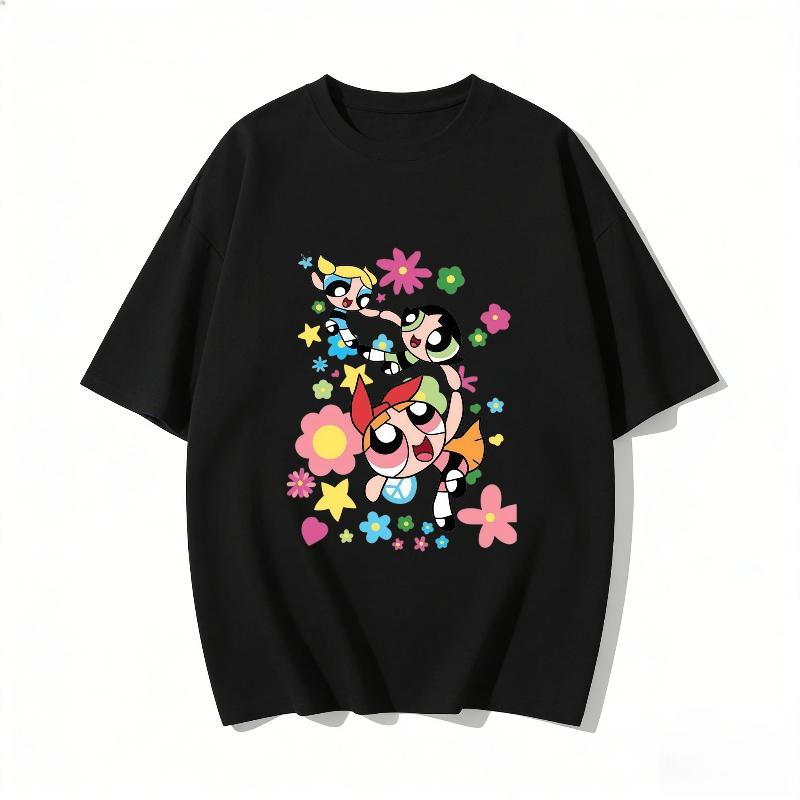 2026 Sommer Niedliche Powerpuff Girls Familien-Matching T-Shirts Cartoon-Druck Baumwoll-T-Shirts Lässige Kurzarm-Oberteile für Kinder und Erwachsene