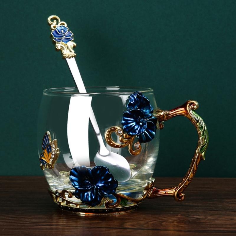 Emaille Glas Tassenset Muster Glas Tasse mit Löffel Emaille Tasse Milch Zitrone Blume Schmetterlinge Tasse