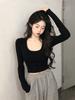 Autumn new pure desire Spice Girl big U-neck thin slim short white long-sleeved T-shirt top women's fashion