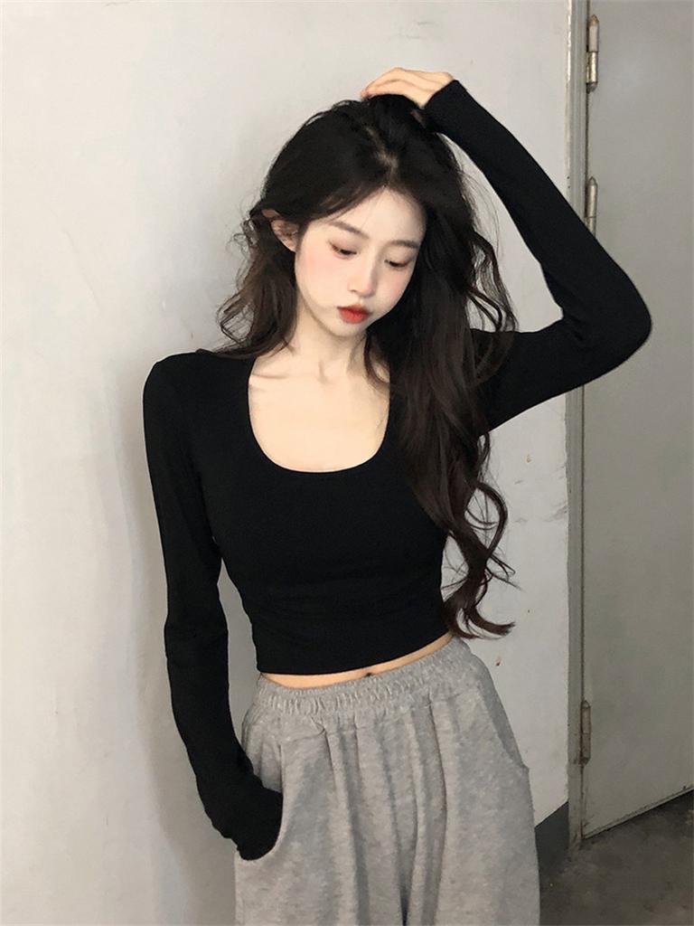 Autumn new pure desire Spice Girl big U-neck thin slim short white long-sleeved T-shirt top women's fashion