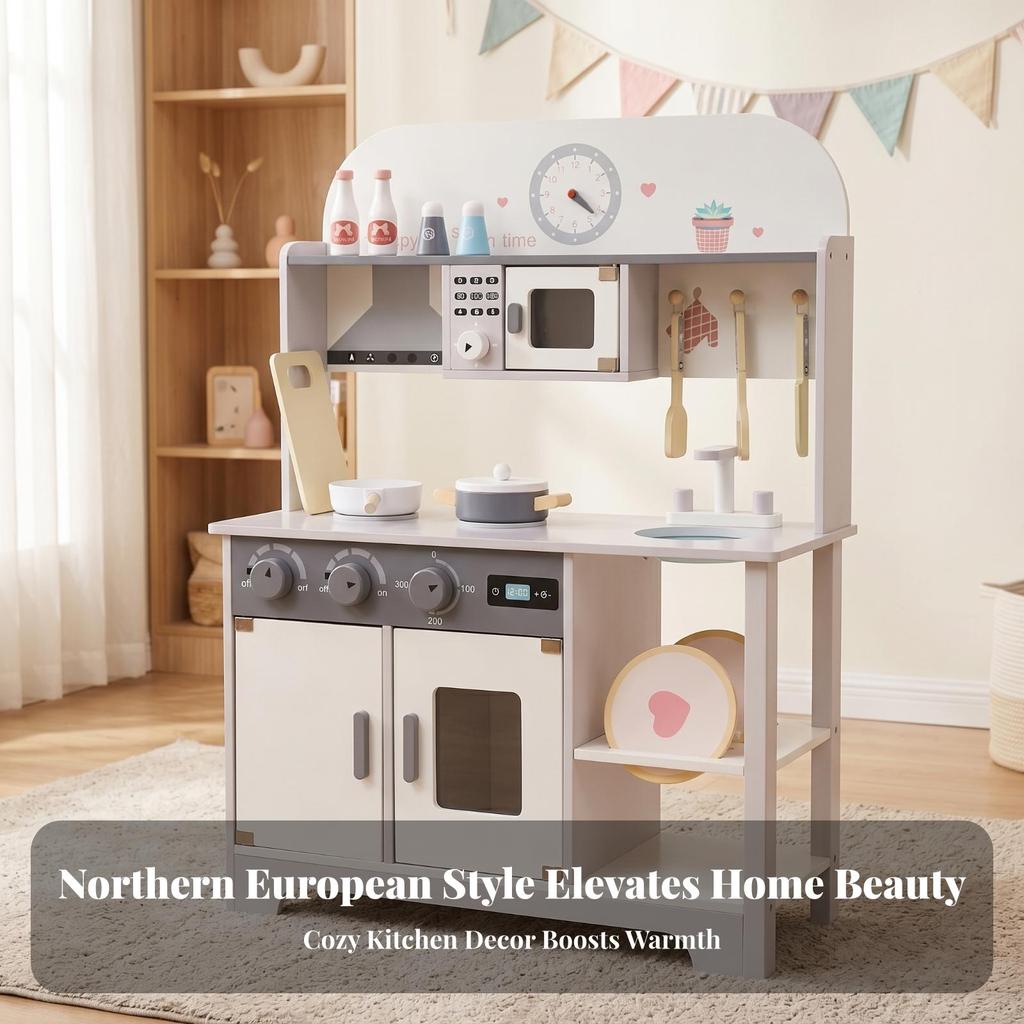 Children's Kitchen Playset Freestanding Pretend Set Cabinet-Style for