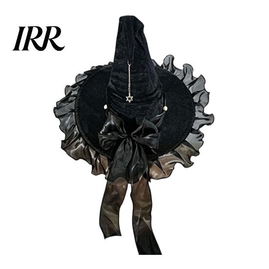 Black Witch Hat Halloween for Women, Velvet Wizard with Ruffle High-quality Brim And Bow Party, Masquerade, Cosplay Costume Accessory Bendable
