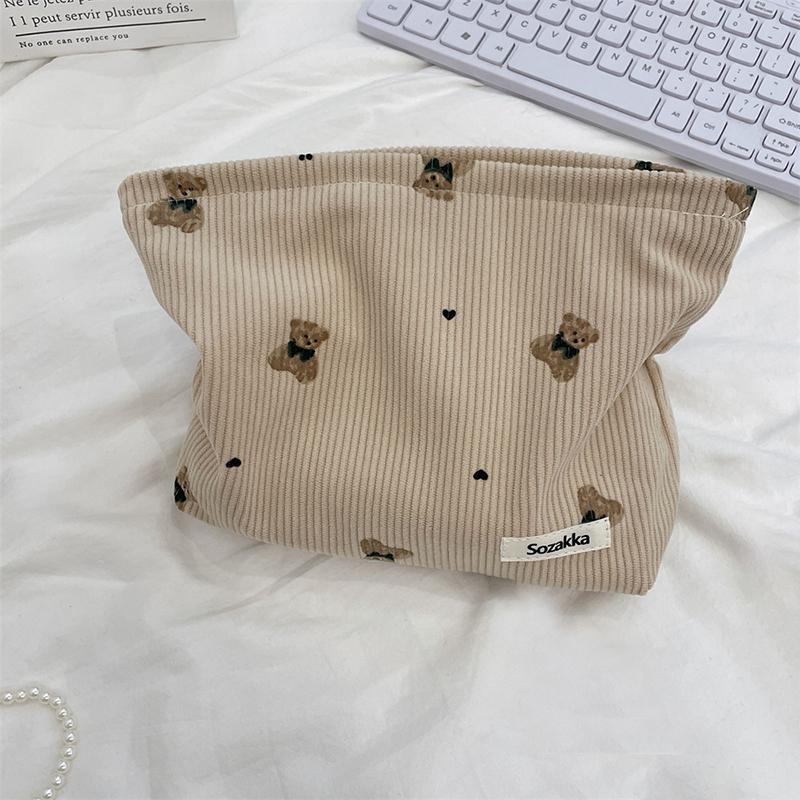 Portable Cartoon Bear Makeup Bag Corduroy Large Capacity Cosmetic Bag Pen Bags For Women Lady Girl