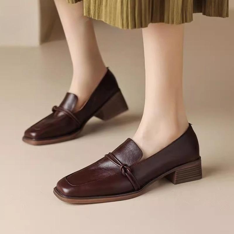 Classic Loafers Women Genuine Cow Square Toe Pumps Slip-on Retro Lady Casual Cozy Shoes Handmade 2025