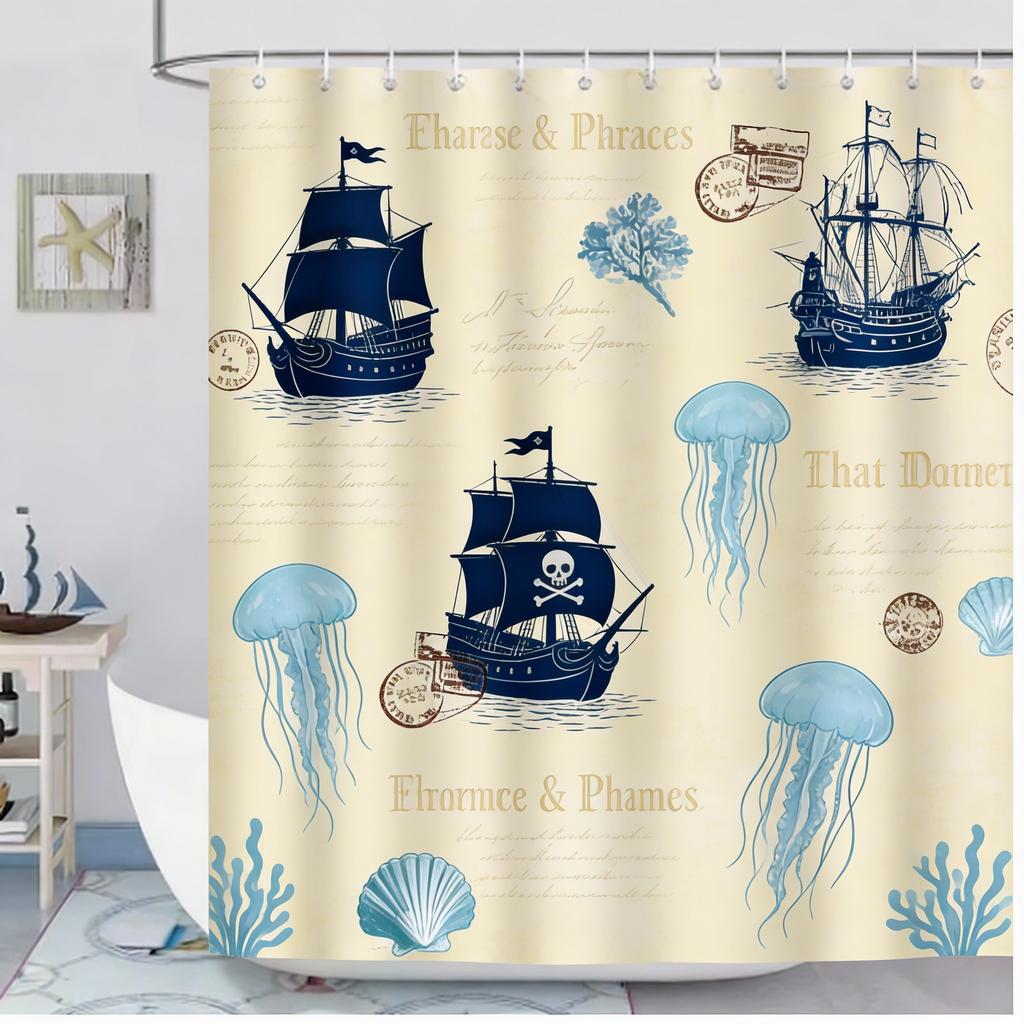 Modern Nautical Anchor Lighthouse Sailing Shower Curtain 180 X 200Cm Washable Polyester Shower Curtain With 12 Hooks