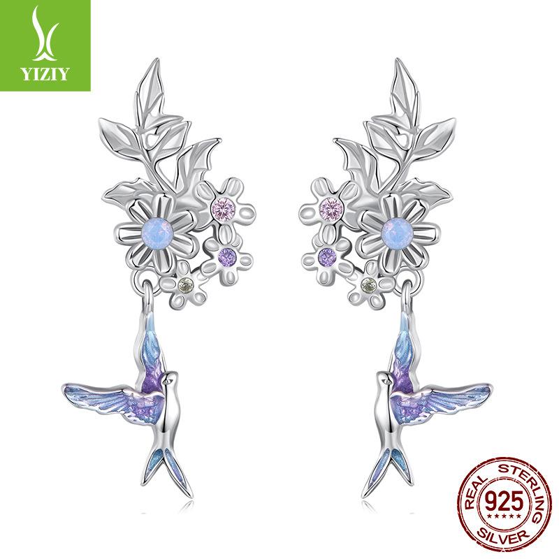 Purple Flower Bird Stud Earrings Female S925 Sterling Silver Tide Super Fairy Niche Exquisite Light Luxury Earrings Female