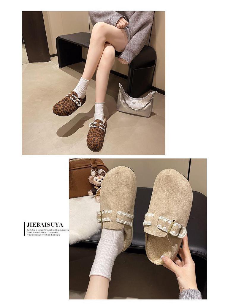 Thick-Soled Fleece-Lined Retro Birkenstock Women's Furry Round-Toe Slippers for Autumn/Winter