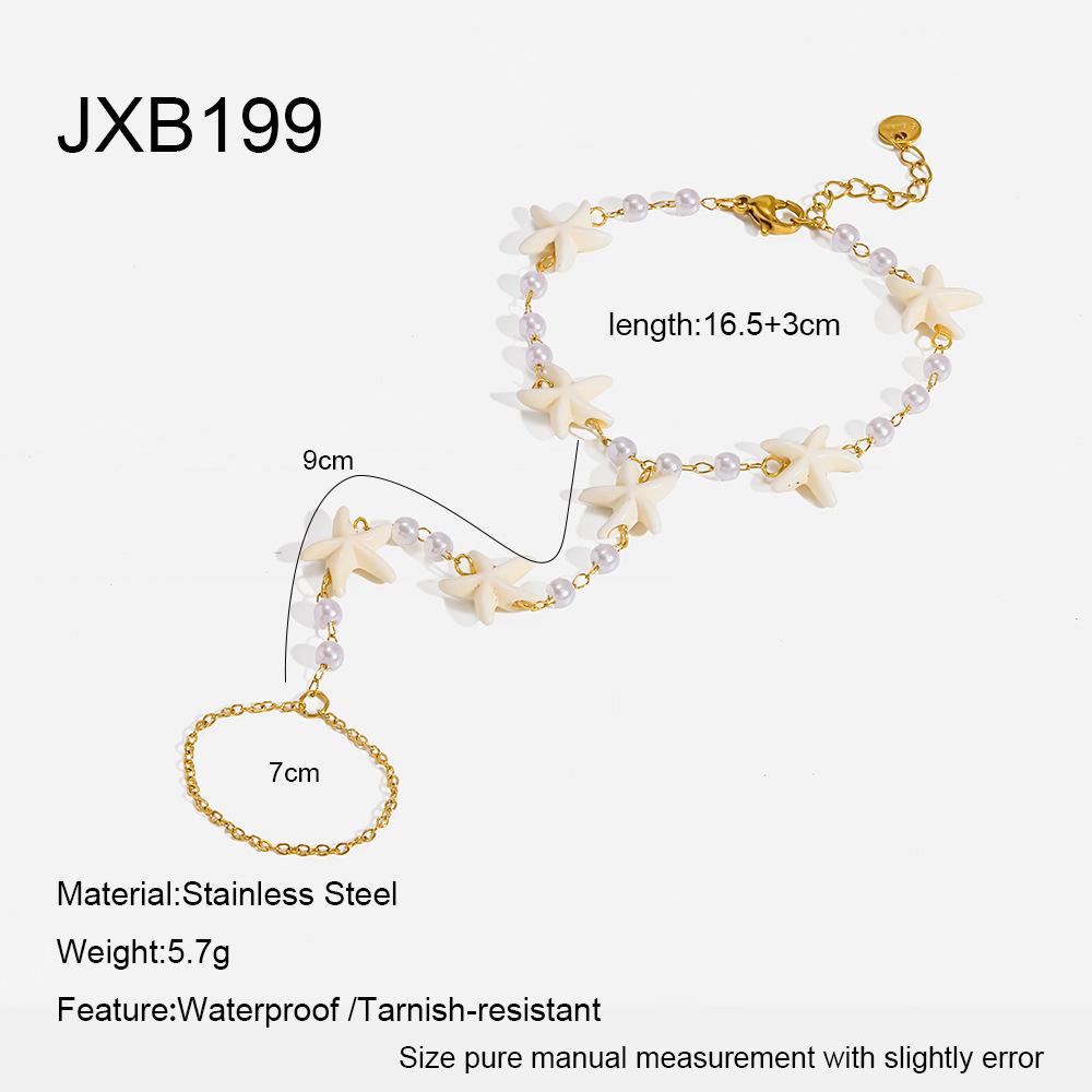 European and American stainless steel back chain starfish vacation wind plated 18K gold imitation pearl jewelry waterproof finger bracelet