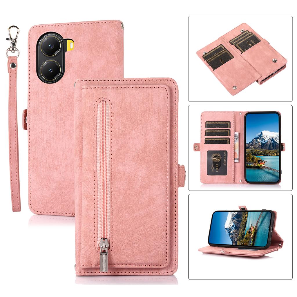 For Xiaomi Poco X7 Pro 5G/Redmi Turbo 4 5G Case Zipper Pocket 9 Card Slots PU Leather Phone Cover with Wrist Strap