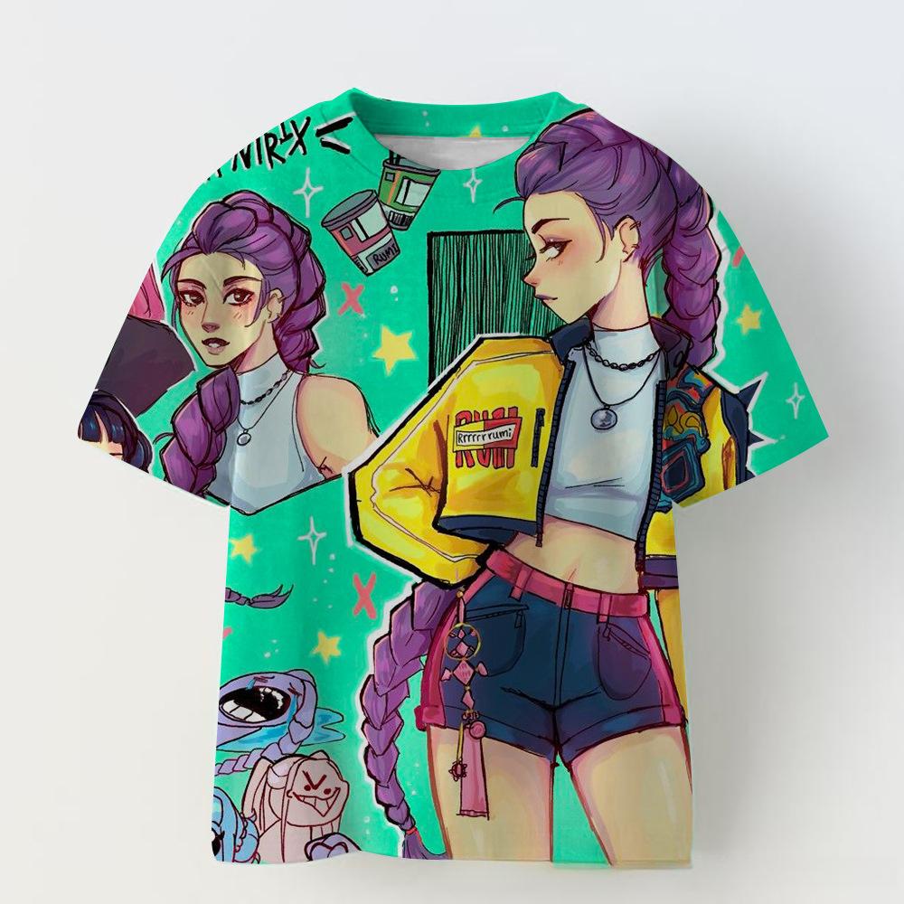 KPOP Demon Slayer Collaboration 3D Digital Print Summer Girls' Casual Fashion Round Neck Short Sleeve T-Shirt Parent-Child Outfit