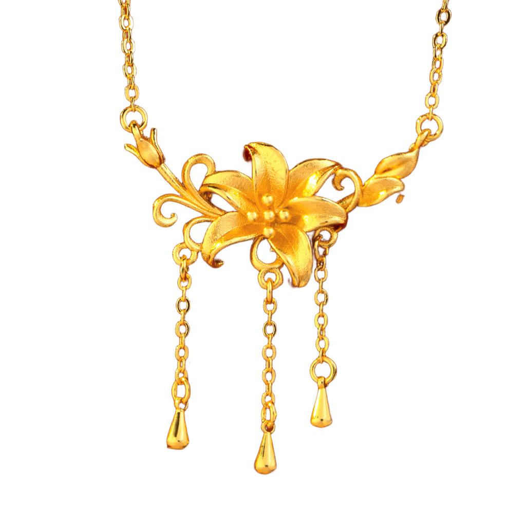 Luxury Pure Gold Real Gold Lilies Pendant Necklace Women Flower Necklace