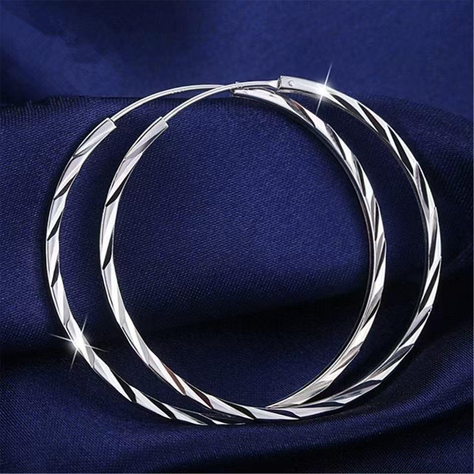 

9999 Sterling Silver Rhombus Pattern Large Hoop Earrings for Women, Fashionable Hypoallergenic Ear Jewelry with High-End Feel. 30MM Engraved Hoop Earrings