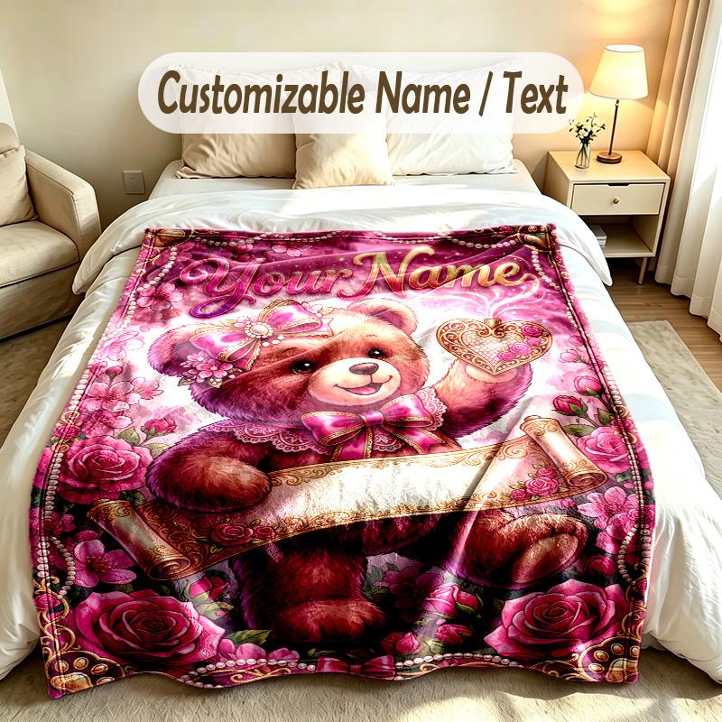 Teddy Bear Theme Custom Blanket Personalized Name & Text Customized Soft Warm Throw Blanket Home Decor