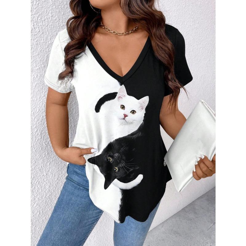 QICED Women's Fashion Casual Solid Color Print V-Neck Short Sleeve Blouses & Shirts