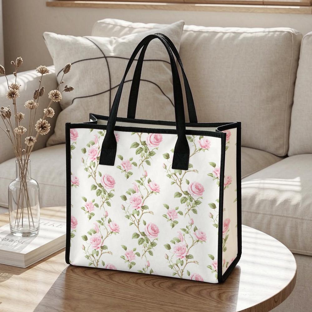 Floral Rose Tote Bag Casual Daily Shoulder Handbag for Shopping Travel