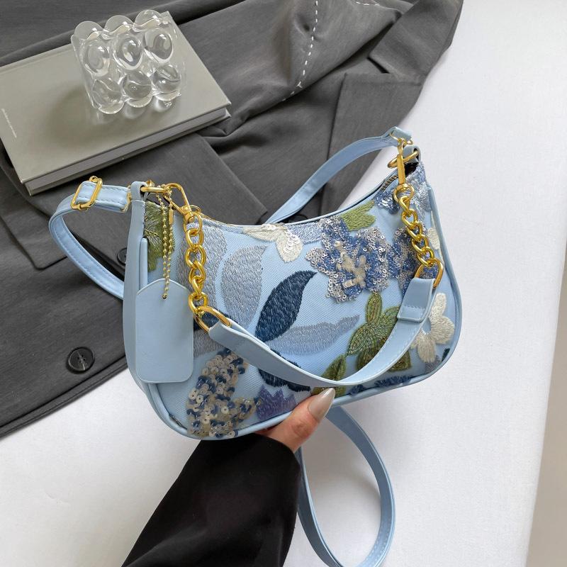 

Sequin embroidered flower shoulder bag bag women s new fashion simple embroidered flower chain armpit bag синій