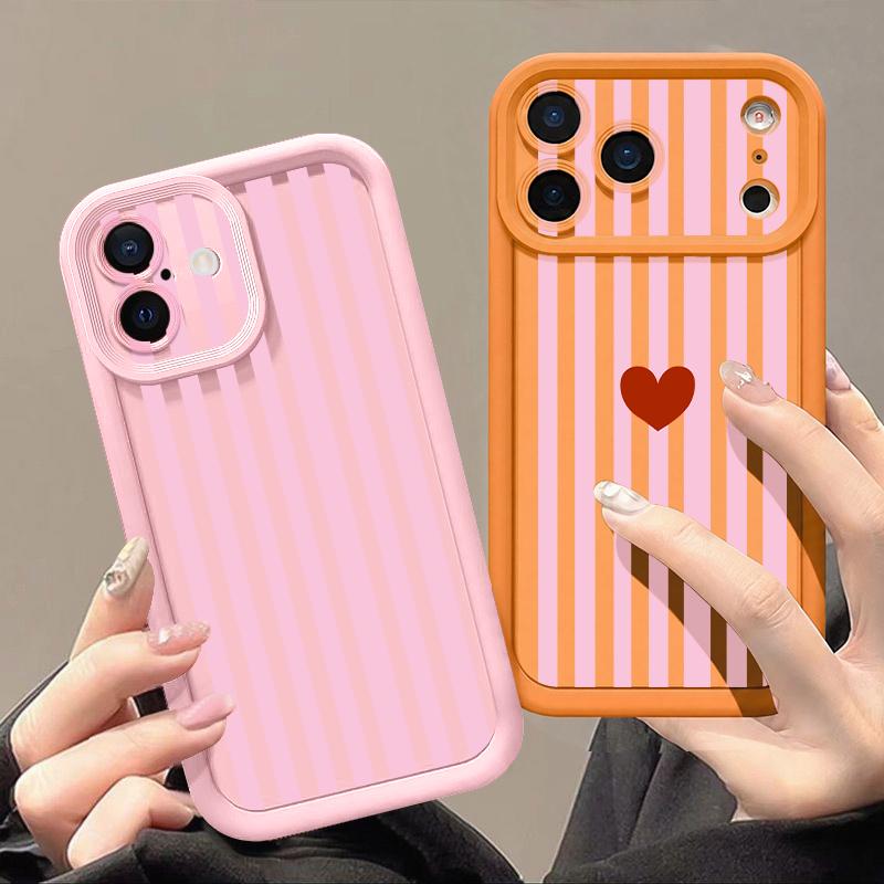 Stripe Heart Pattern Case For iPhone 18 Pro Max Shockproof Bumper Soft Silicone Cover For iPhone 17 16 15 14 13 Pro Max 17E