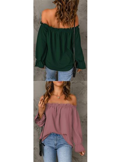 Women's Off-the-Shoulder Chiffon Blouse - European and American Style, Solid Color Pullover for Spring and Autumn, Sexy & Elegant.