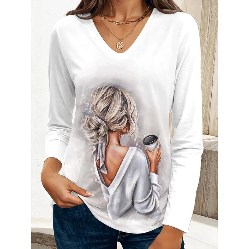 Fashion Women's V-Neck Long Sleeve 3D Casual Color Printing Casual Long Sleeve V-Neck T-Shirt