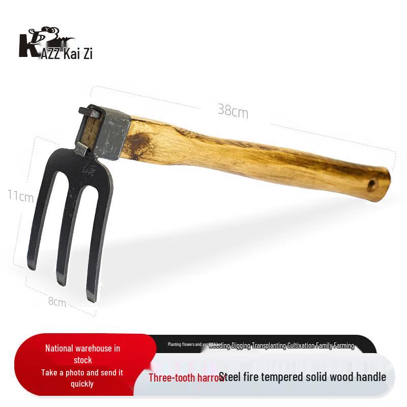 KAZZ Wooden Handle Short Hoe and Three-Tine Rake CN plug (adapter included)
