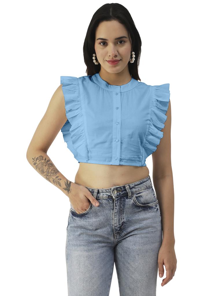 Moomaya Crop top din bumbac solid cu nasturi, topuri cu mâneci cu voloane de vară