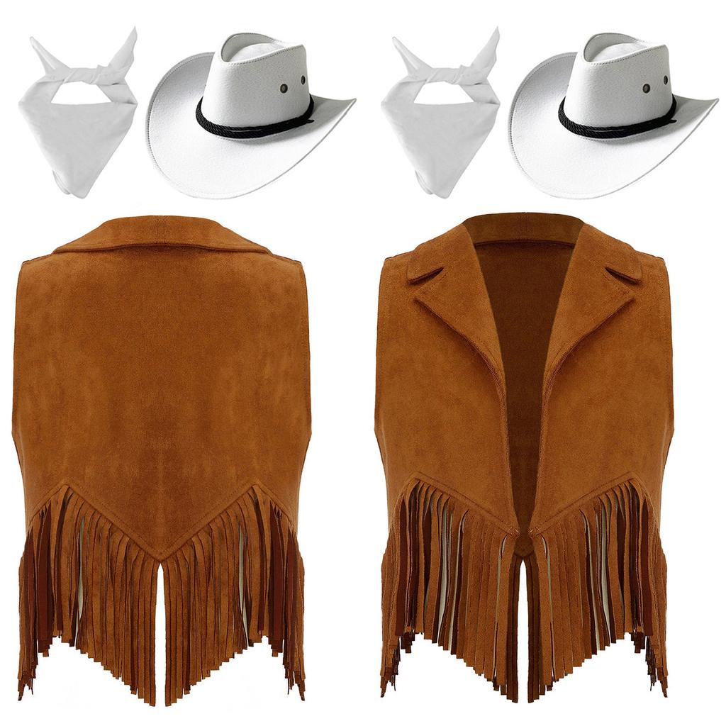 Kids Cowgirl Vest Suede Fringe Tassel Western Costume Set with Bandana Hat for Halloween Rodeo Role Play
