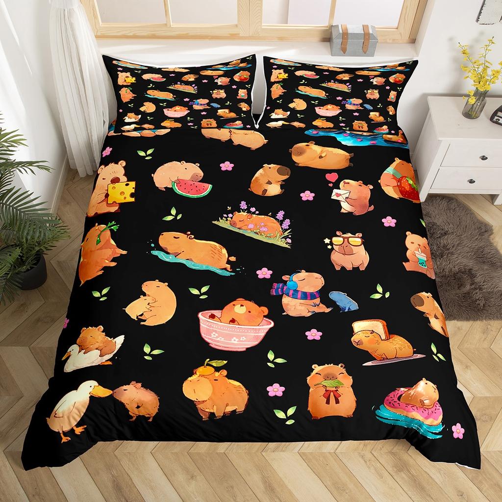 Homewish Cartoon Capybara Teens Duvet Cover SetLotus Flower Floral Bedding SetKawaii Orange Watermelon Bed Set
