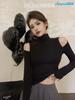 High,neck, Off,shoulder, Hollowed,out Long,sleeved Fitted T,shirt For Women, Stylish Short Top