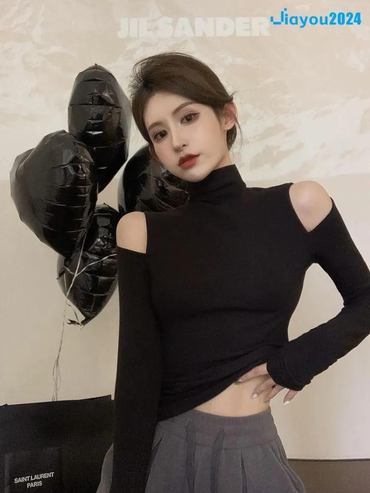 High,neck, Off,shoulder, Hollowed,out Long,sleeved Fitted T,shirt For Women, Stylish Short Top