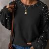 Suéter Oversize de Punto con Cuello Redondo y Manga Larga para Mujer, Top Pulóver de Punto con Perlas