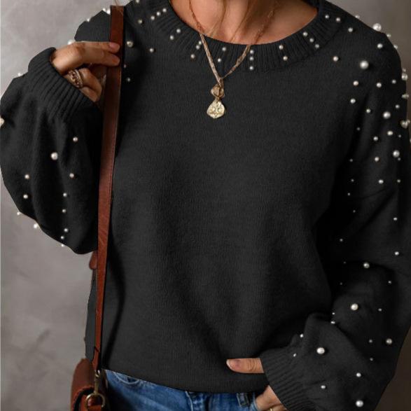 Suéter Oversize de Punto con Cuello Redondo y Manga Larga para Mujer, Top Pulóver de Punto con Perlas