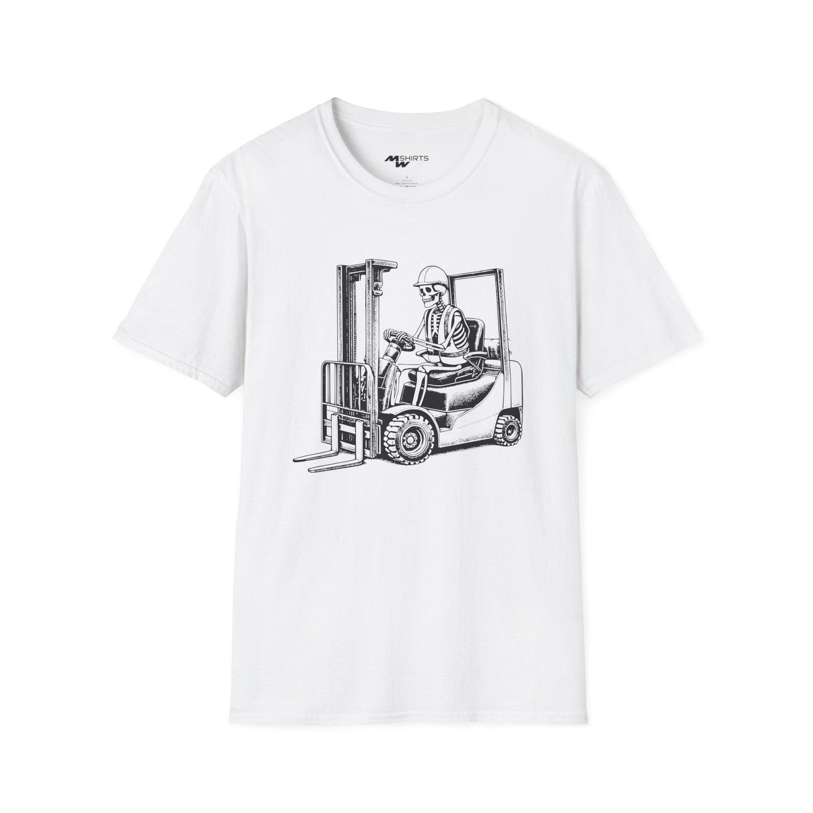 Engraving-Style Skeleton on Forklift T-Shirt/ Unisex Softstyle T-Shirt M