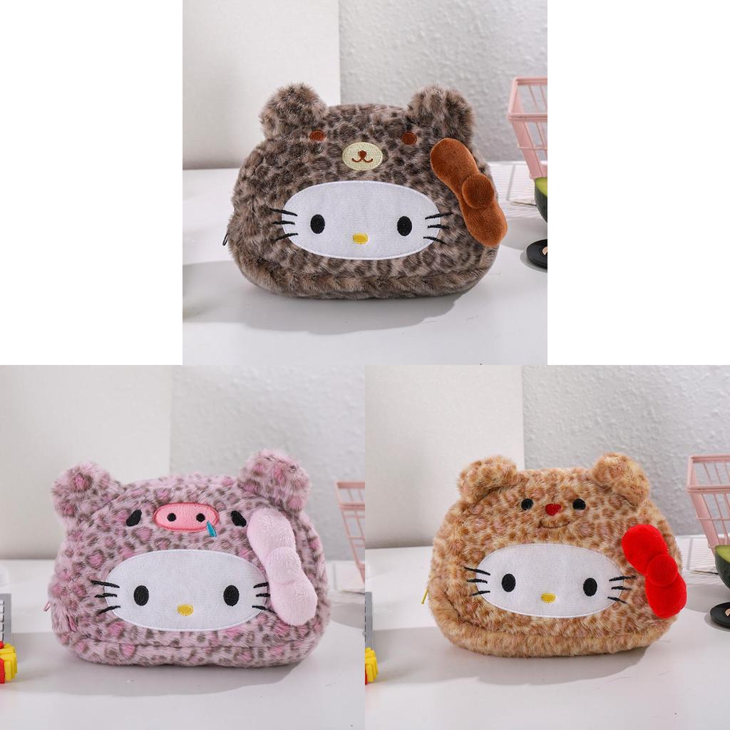 Plush Leopard Print Hellokitty Pencil Case With Large Capacity For Students And Kids