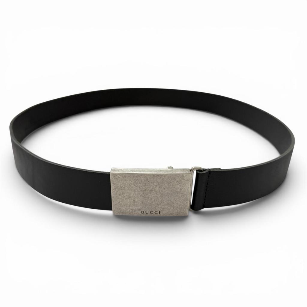 Great GUCCI belt Logo buckle with dark marks finish Silver leather mens 835193 Used