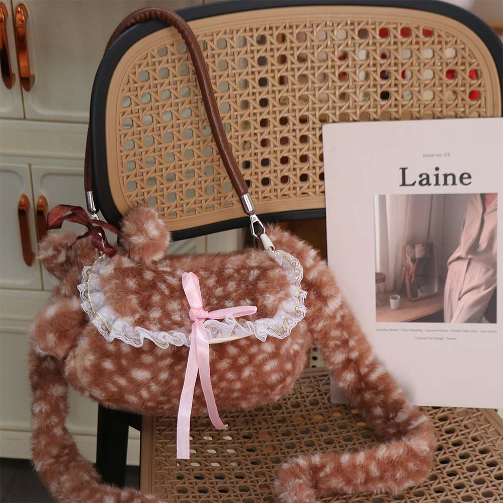 Borsa a tracolla in peluche Y2k con fiocco Borsa a mano pelosa Borsa a spalla in peluche maculato di cervo ispessita per studenti