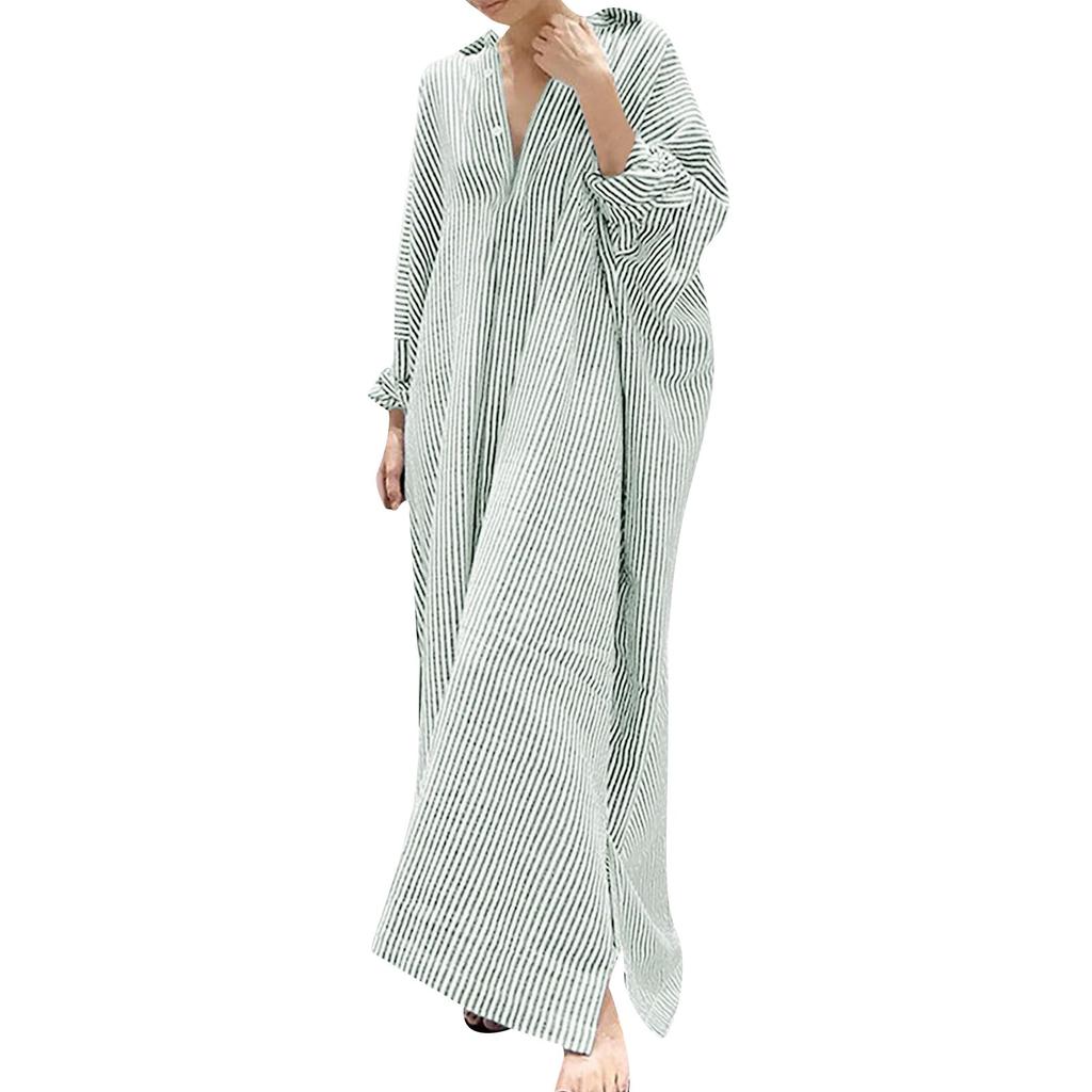 Women's Casual Cotton And Linen Striped Cardigan Loose Temperament Irregular Shirt Dress