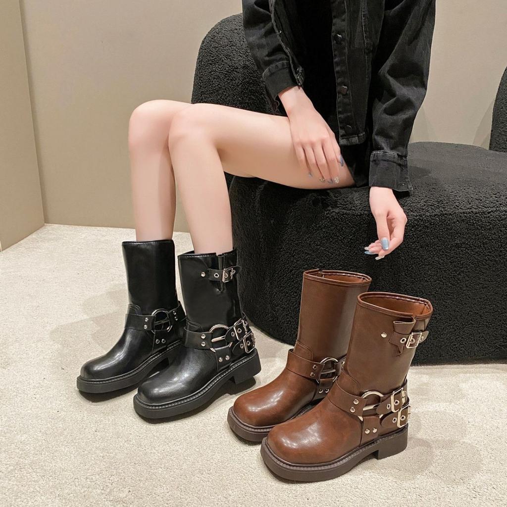 Large size thick-soled thick-heeled short Martin boots women's 2025 new British style belt buckle retro western cowboy short boots