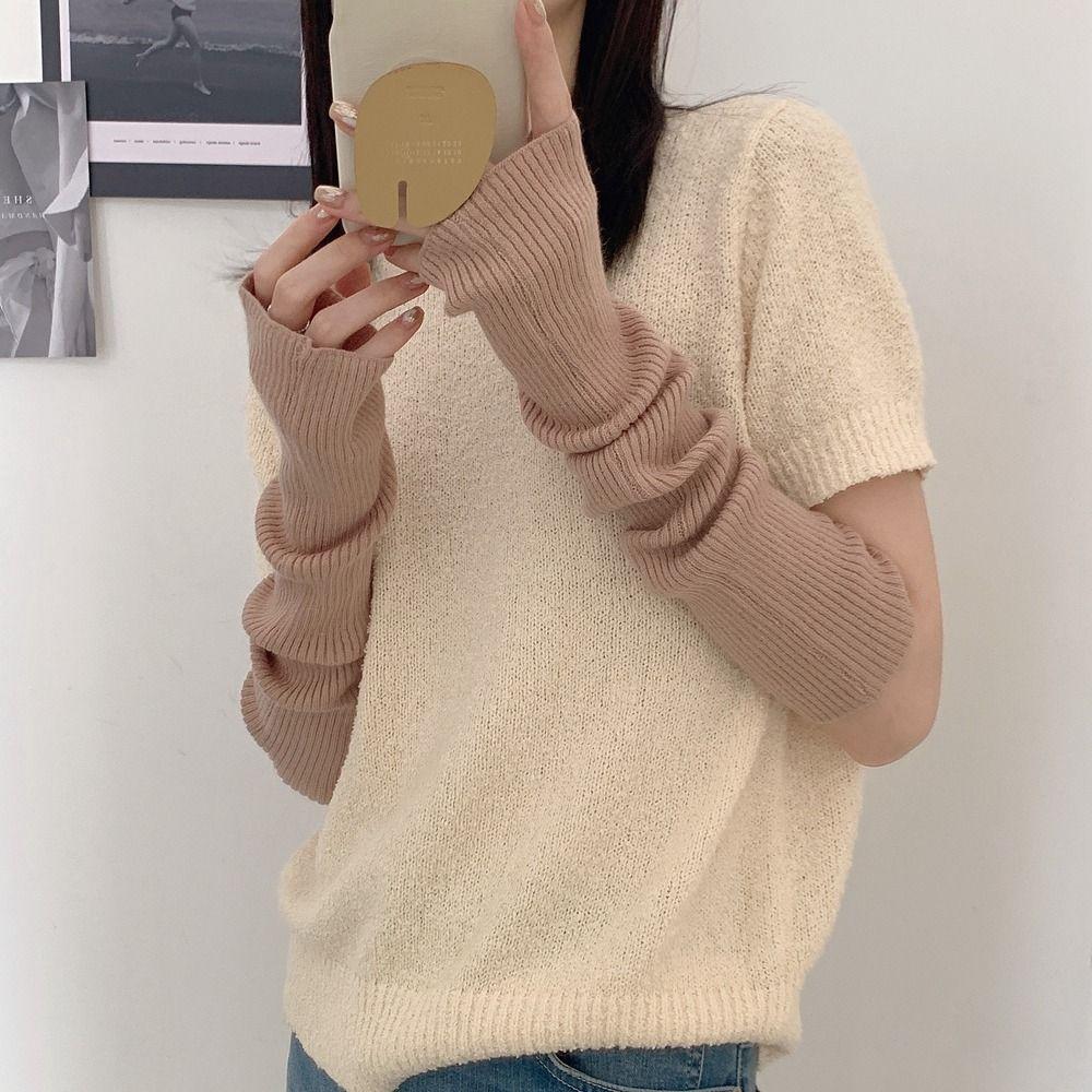 Warm Half Finger Solid Color Female Arm Warmers Long Gloves Wool Sleeve Cuff Knitted Arm Warmers