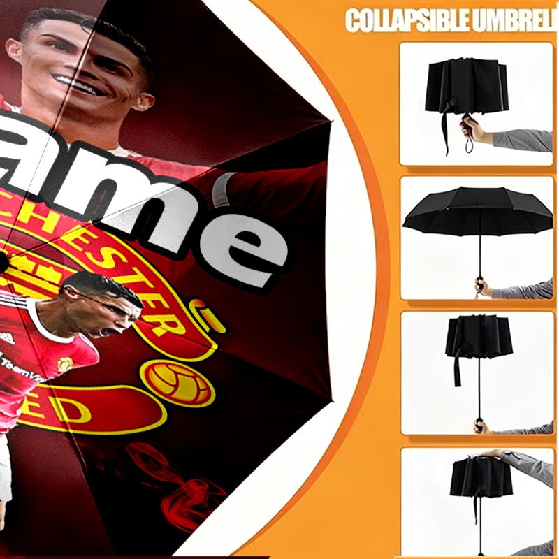 Custom Name Personalized Manchester Football F.C Print Umbrella, Auto Open Close, 8‑Rib Sturdy Frame, Commute Camping Hiking Use, Birthday Gift