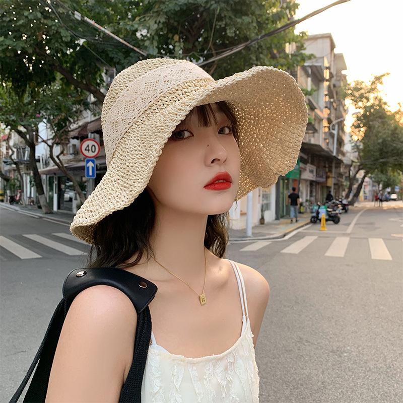 Women's Beige Woven Straw Hat Spring and Summer Japanese Style with Lace Bowknot Hollow Out Breathable Fisherman Hat