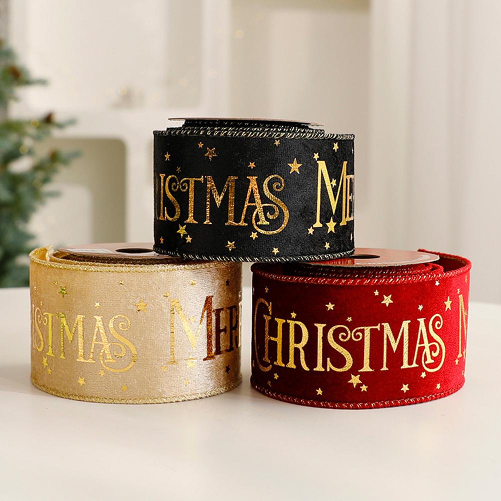 2.7M Christmas Ribbon Flocking Hot Stamping Letters Merry Christmas Star Ribbon for Gift Wrapping DIY Wreath Bow Christmas Decor