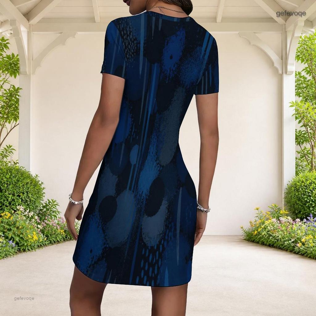 Women Plus Size Short Sleeve Round Neck Fitted Mini Dress Blue Abstract Print