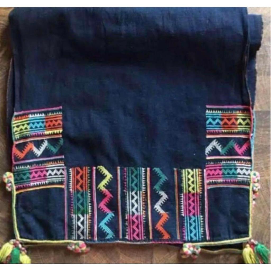 Used Black Hmong handmade indigo-dyed & embroidered motif stole (ethnic clothing)