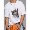 White T-Shirt with Cat and Text Print for Casual Wear