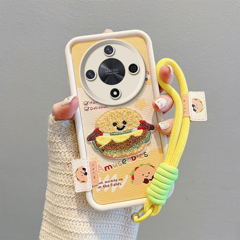 KEYSION Cartoon Cute Plush Embroidery Case for HONOR X9b 5G with Lanyard Shockproof Phone Back Cover for Huawei Magic 6 Lite 5G
