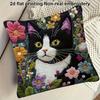 2D Flat- Vintage Floral Tuxedo Cat Throw Pillow Cover Boho Botanical Cottagecore Cushion Case For Home Bedroom Living Decor