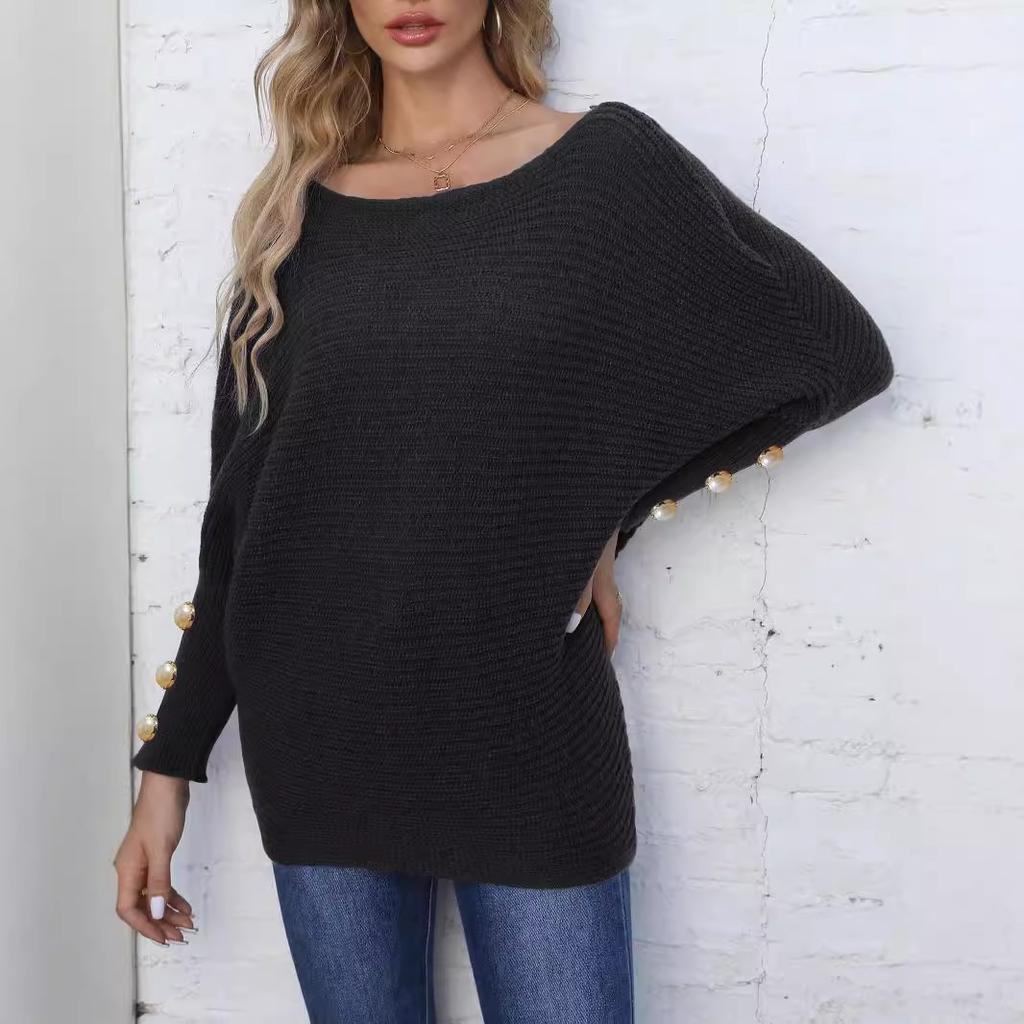 Women's pullover woven sweater European, American autumn and winter women's clothing pearl button bat sleeve one-word collar loose sweater