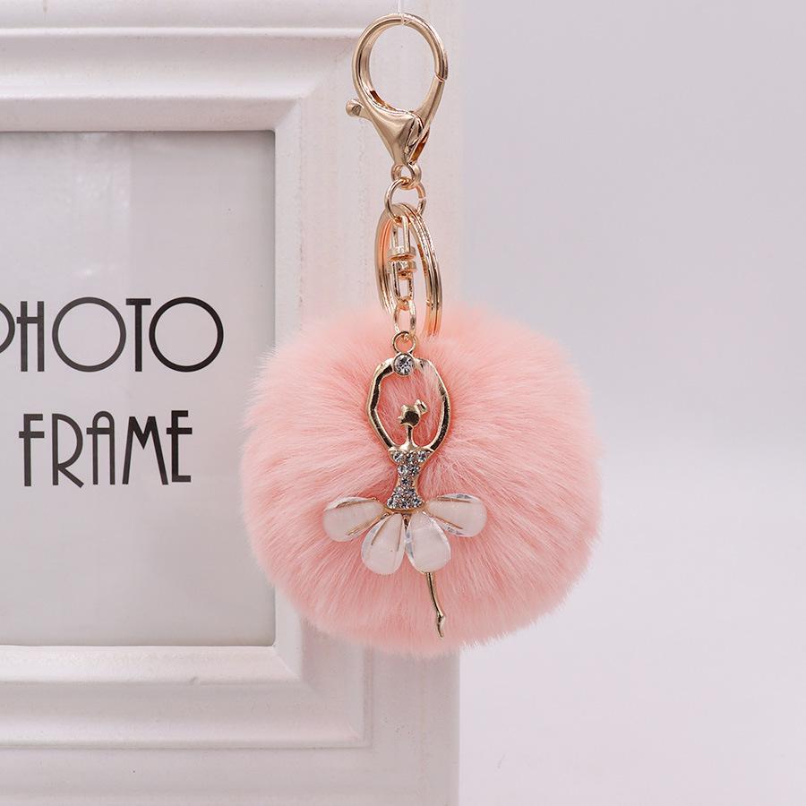 Ballet Dancing Girl Keyring Cute Fluffy Pompom Rhinestone Car Handbag Motorcycle Pendant Accessorie Keychain Retail Wholesale