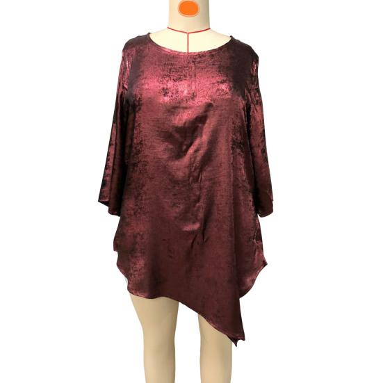 Women Tops Round Neck Ninth Length Sleeve Mid-length Blouse Sparkling Irregular Hem Loose Fit Tee Shirt Daily Wear