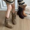 Retro Fringed Knight Boots Women's Medium Tube Thick Heel 2025 Autumn and Winter European Station New Ethnic Style Matte Women's Boots